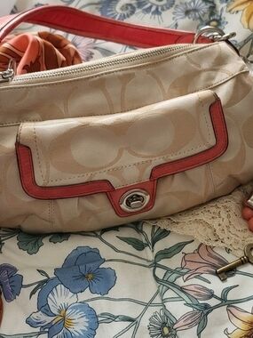 Coach Vintage Poppy Beige Signature Canvas Shoulder Bag with Coral Trim. Groovy